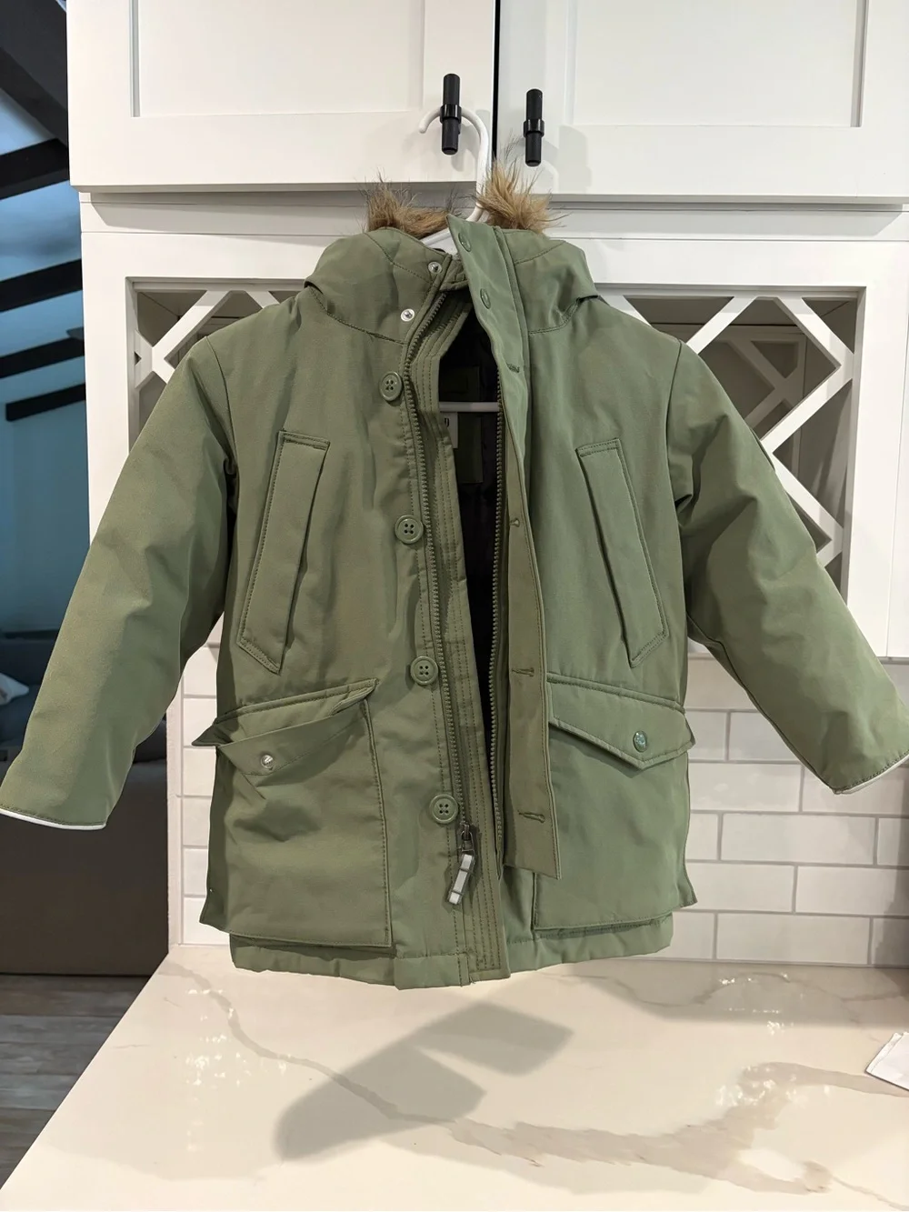 GAP Olive Green Kids Puffer Parka with Faux Fur Hood XS